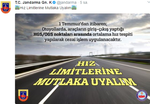 Jandarma Genel Komutanlığı'nın resmi Twitter hesabından tüm sürücülere uyarı amaçlı bir Tweet paylaşıldı.<br>1 TEMMUZ'DAN SONRA CEZA KESİLECEK<br>Yapılan paylaşımda 1 Temmuz'da yürürlüğe girecek olan otoyollarda araçların